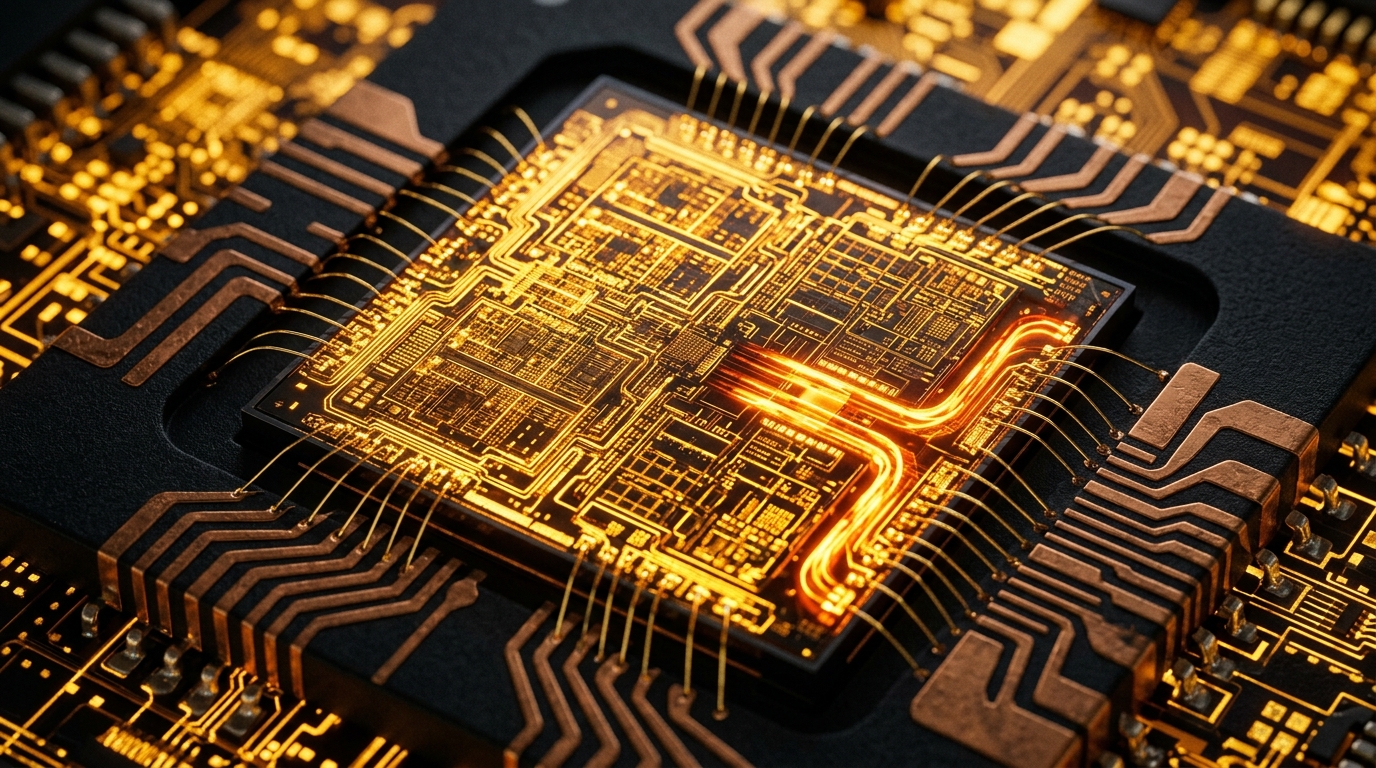 Microscopic view of Alibaba Zhenwu V900 accelerator silicon die glowing with warm golden circuit traces and amber photonic interconnects on an obsidian ceramic substrate