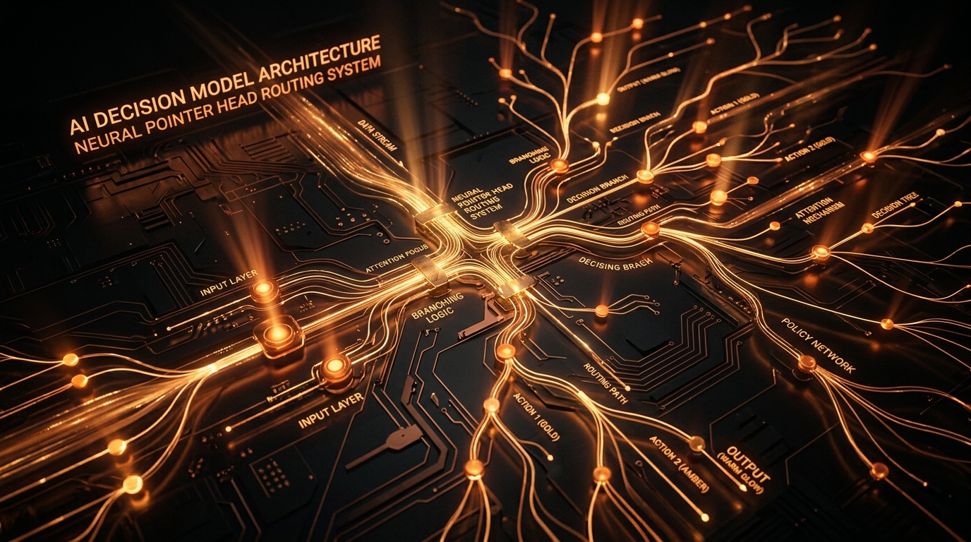 Conceptual visualization of Amazon Strands Decider 2B AI decision model architecture featuring warm amber neural pointer heads, golden routing pathways, and real-time decision branch matrices