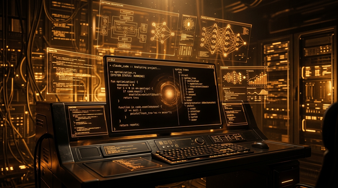 Autonomous AI terminal coding agent interface glowing in warm amber and gold with neural AST branch visualizations