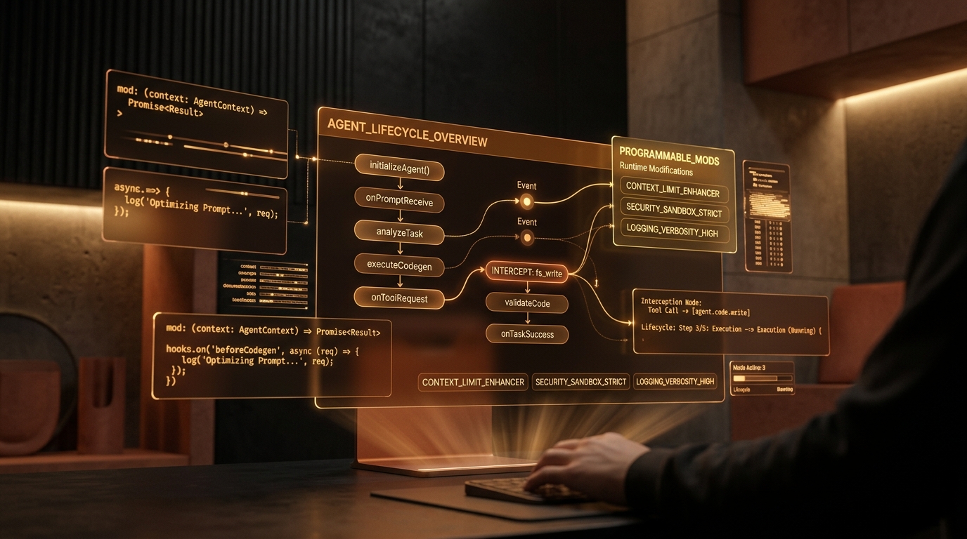 Visualization of Anthropic Claude Code Mods agentic developer interface showcasing glowing terracotta and amber holographic TypeScript lifecycle nodes, tool interception panels, and execution workflows