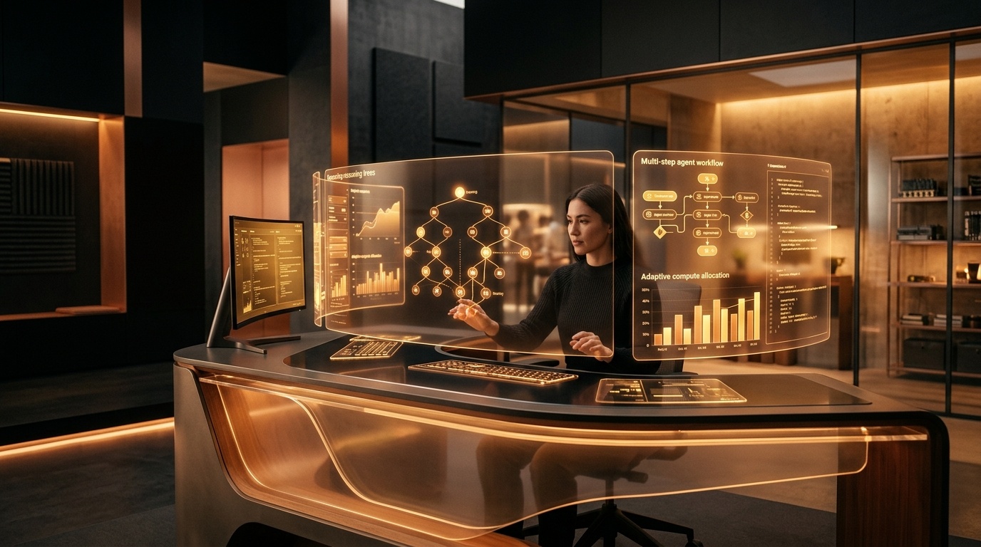Futuristic research console displaying Claude Opus 5.5 branching reasoning trees and adaptive compute allocation in warm golden amber and soft copper illumination