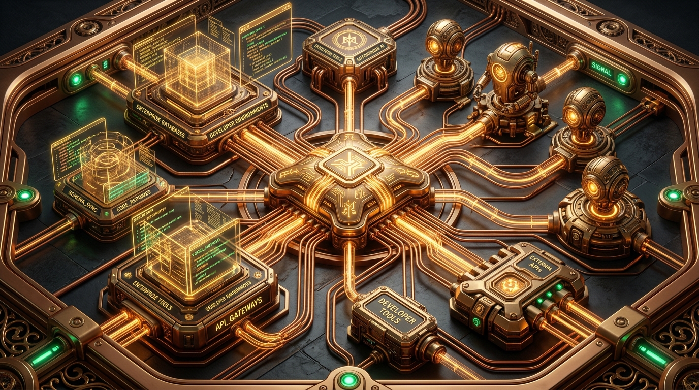 Anthropic Model Context Protocol architectural network illuminated with golden conduits, warm amber interfaces, and modular tool nodes