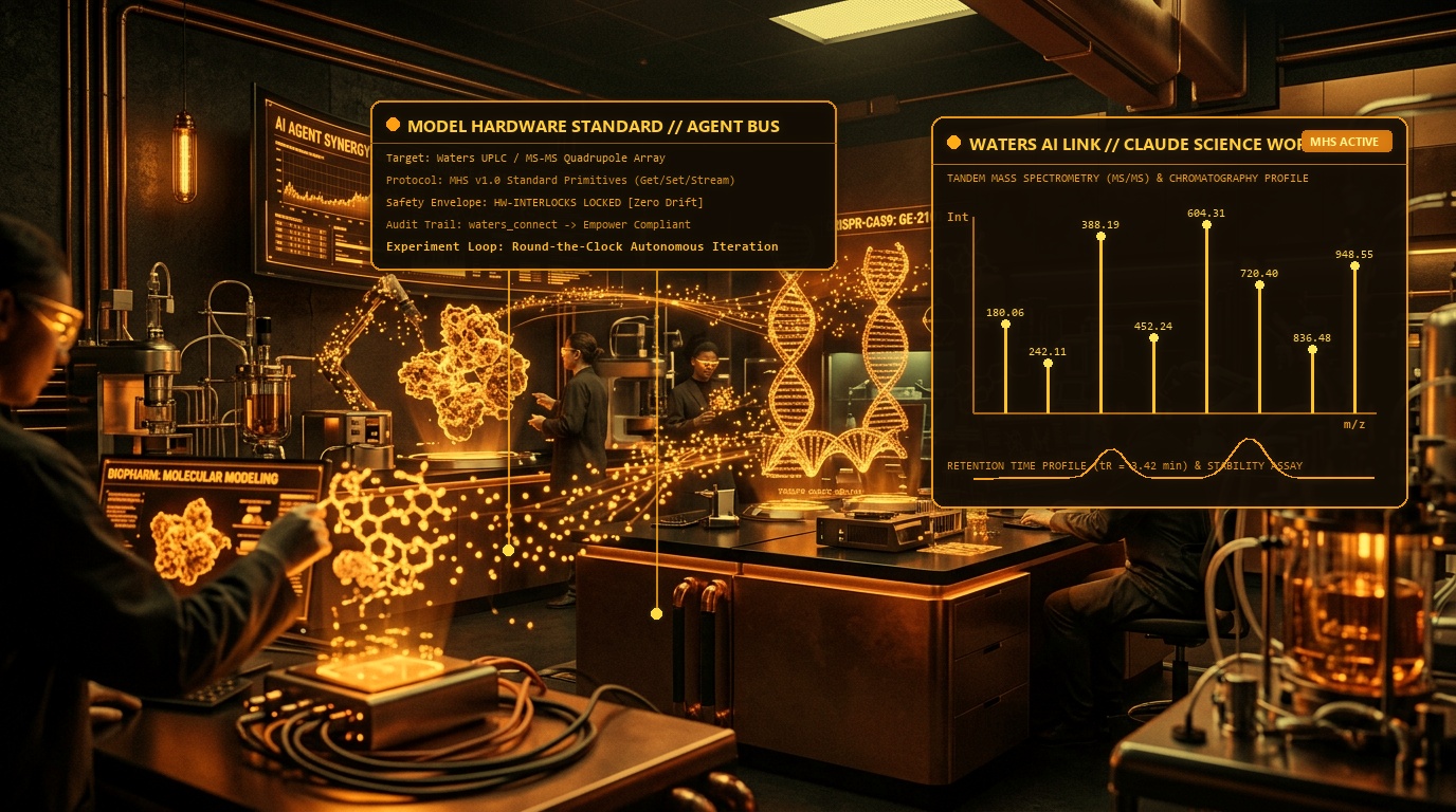 Cinematic automated analytical laboratory with high-tech liquid chromatography and tandem mass spectrometry arrays, holographic telemetry panels, and glowing amber molecular graphs orchestrated by AI agents