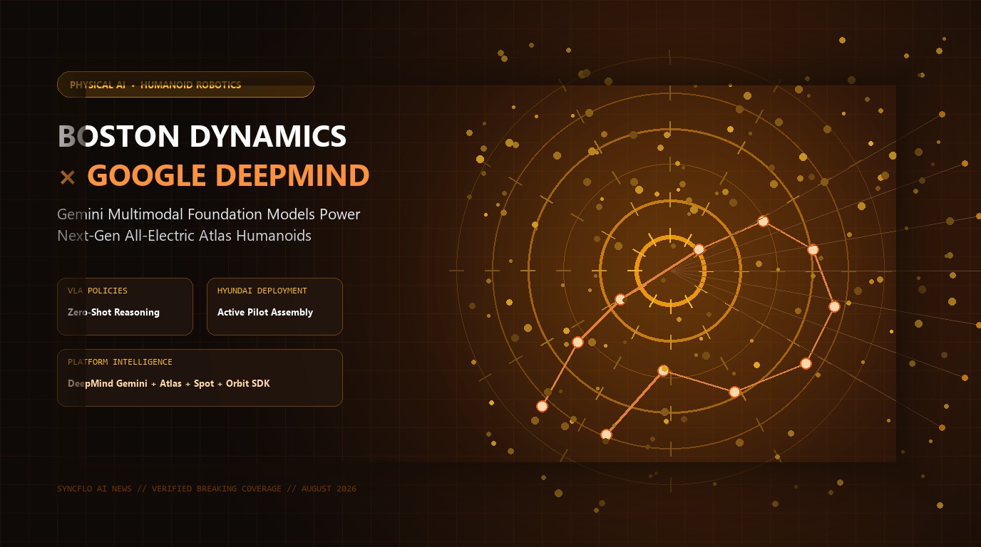 Boston Dynamics Atlas electric humanoid robot powered by Google DeepMind Gemini Robotics AI foundation models with warm amber and copper telemetry HUD