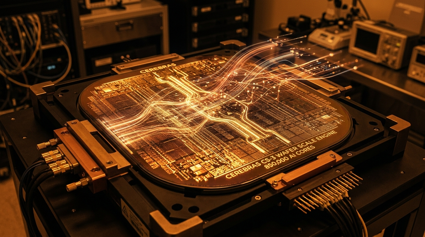 Cerebras CS-3 Wafer Scale Engine square silicon AI processor chip with glowing golden circuitry, warm amber laser interconnects, and bronze holographic data streams