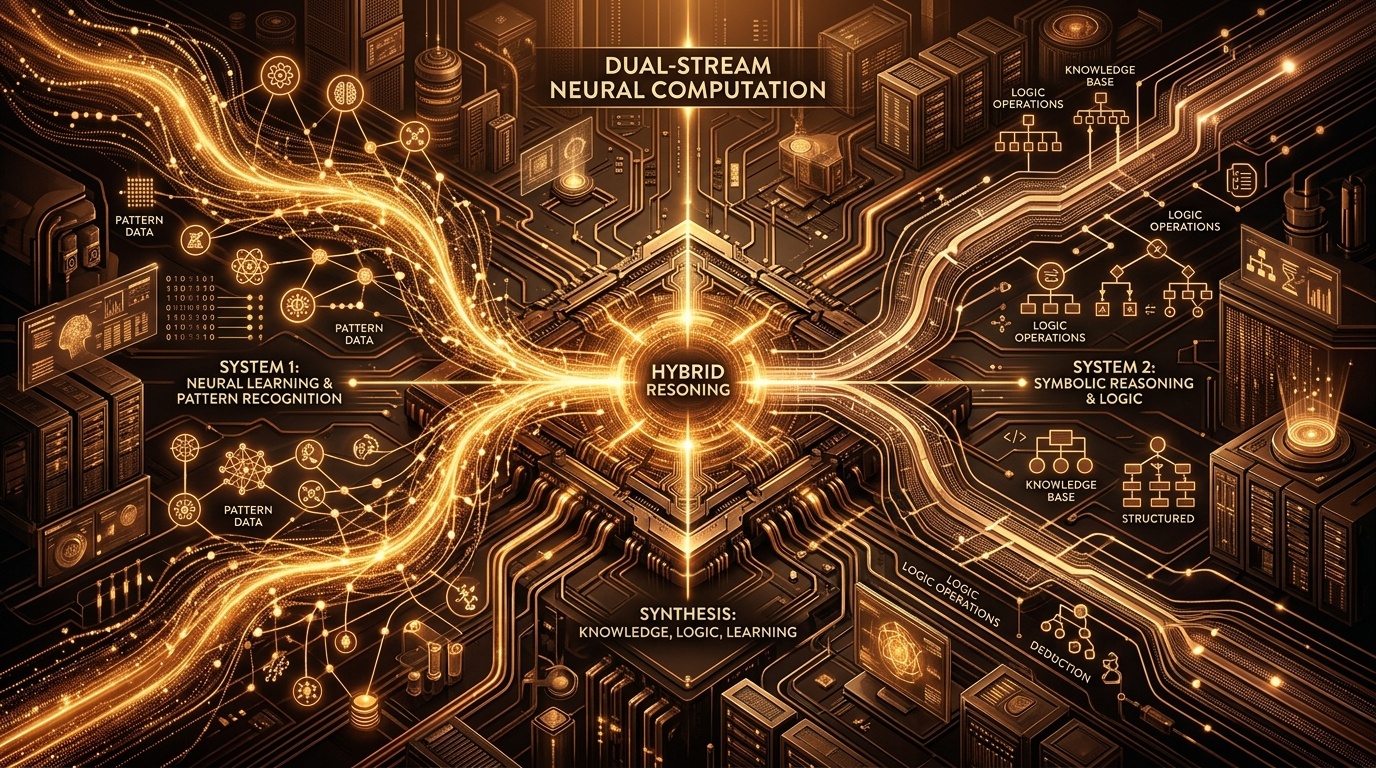 Anthropic Claude 3.7 Sonnet Hybrid Reasoning Architecture diagram showing dual-speed neural pathways in warm amber and gold tones