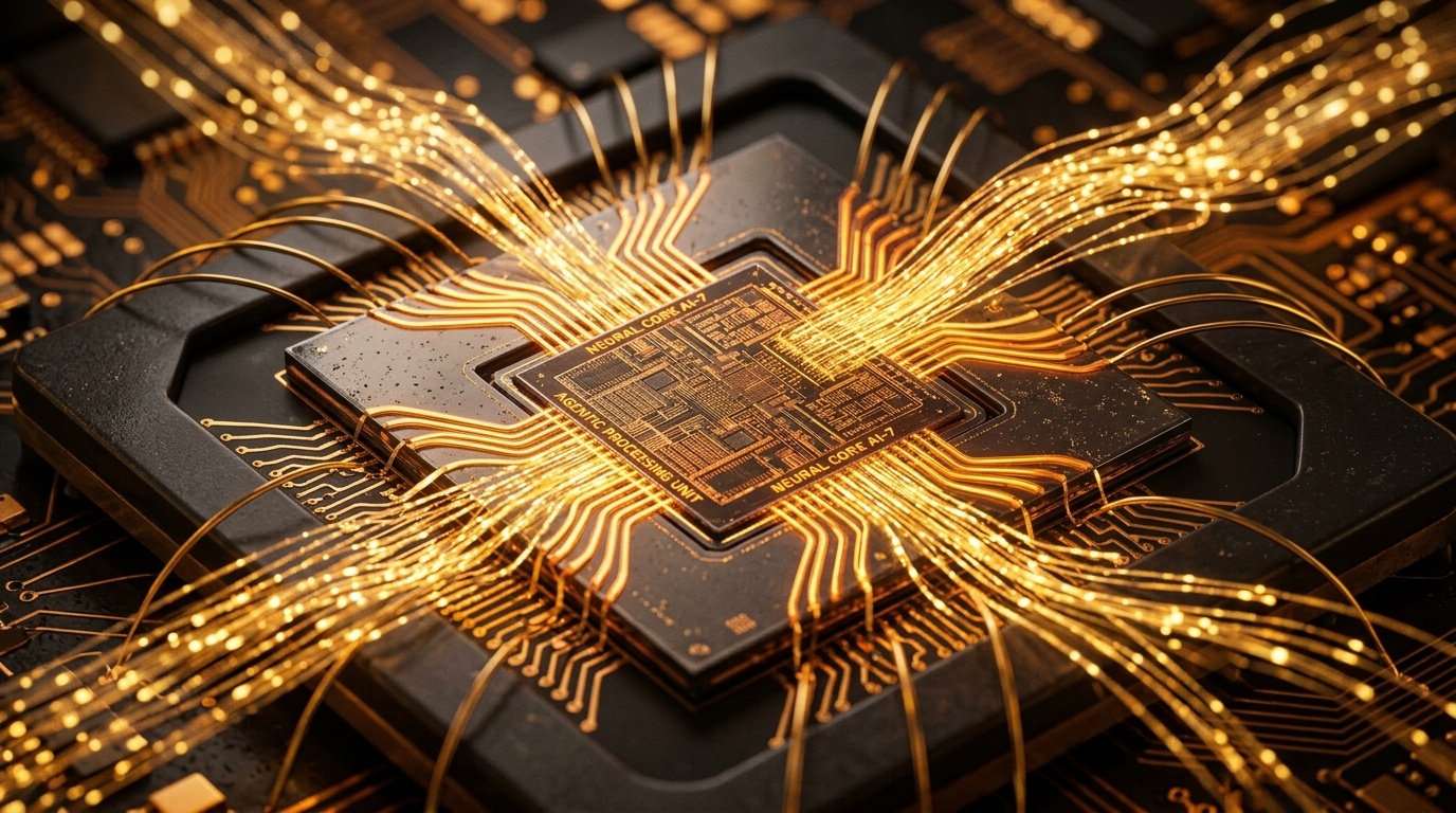 Studio macro photograph of an ultra-fast neural processing silicon core representing Anthropic Claude Haiku 5.5, with glowing warm amber photonic waveguides, intricate copper micro-circuits, and golden data streams