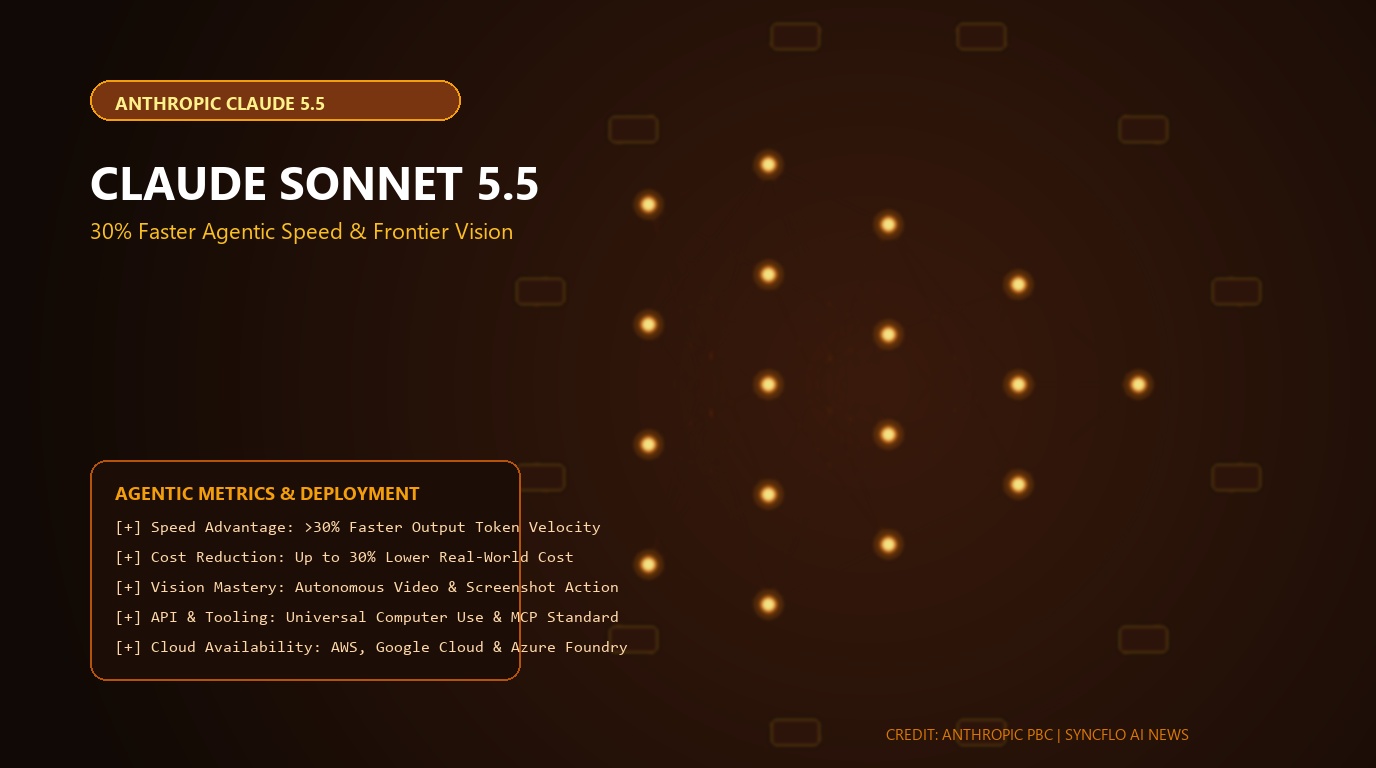 Anthropic Claude Sonnet 5.5 multi-agent execution architecture featuring warm terracotta and amber neural graphs, high-throughput autonomous tool orchestration, and visual reasoning pathways