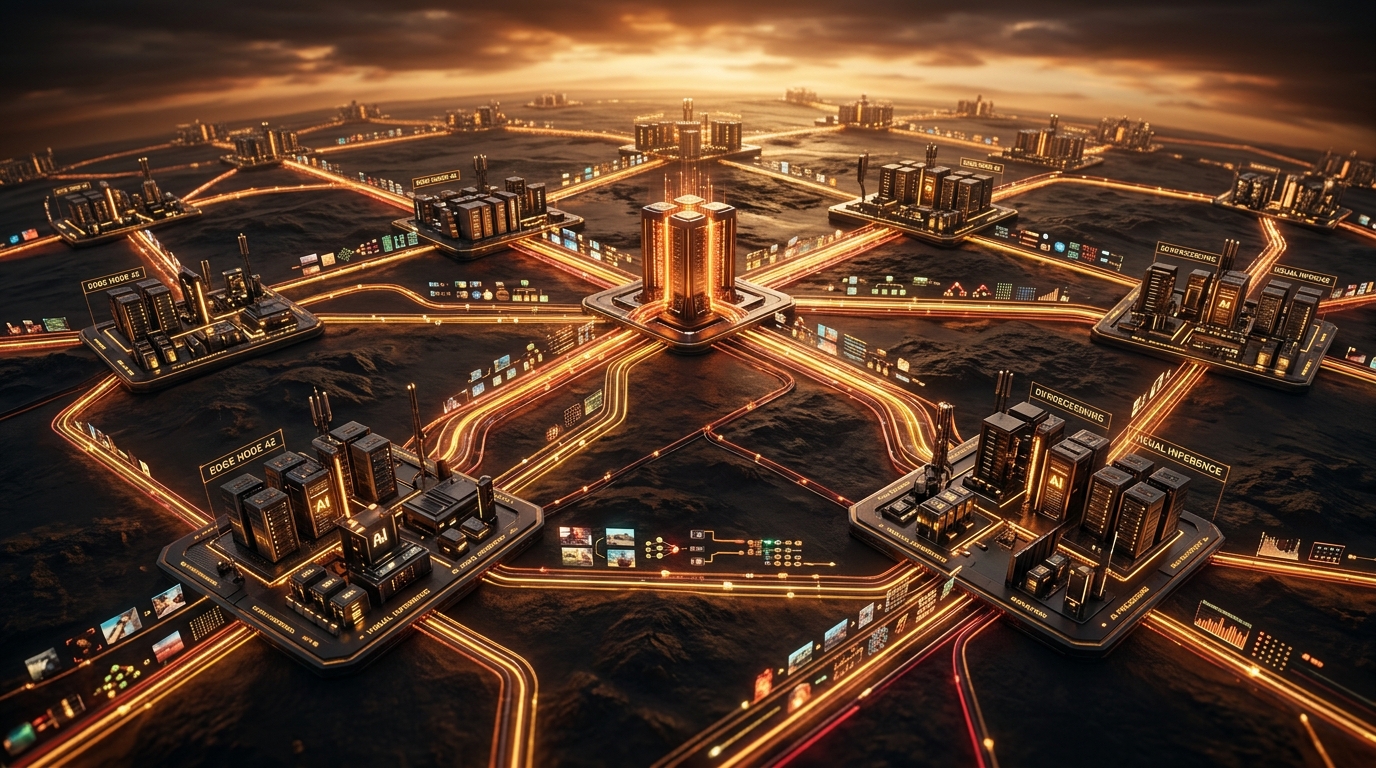 Cinematic visualization of Cloudflare Clef edge computing infrastructure showing glowing warm amber and crimson fiber-optic data channels connecting distributed server clusters processing multimodal AI streams