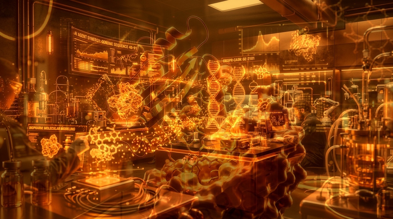 Cinematic automated materials science cleanroom laboratory with articulated robotic arms and glowing warm amber crystal lattice arrays