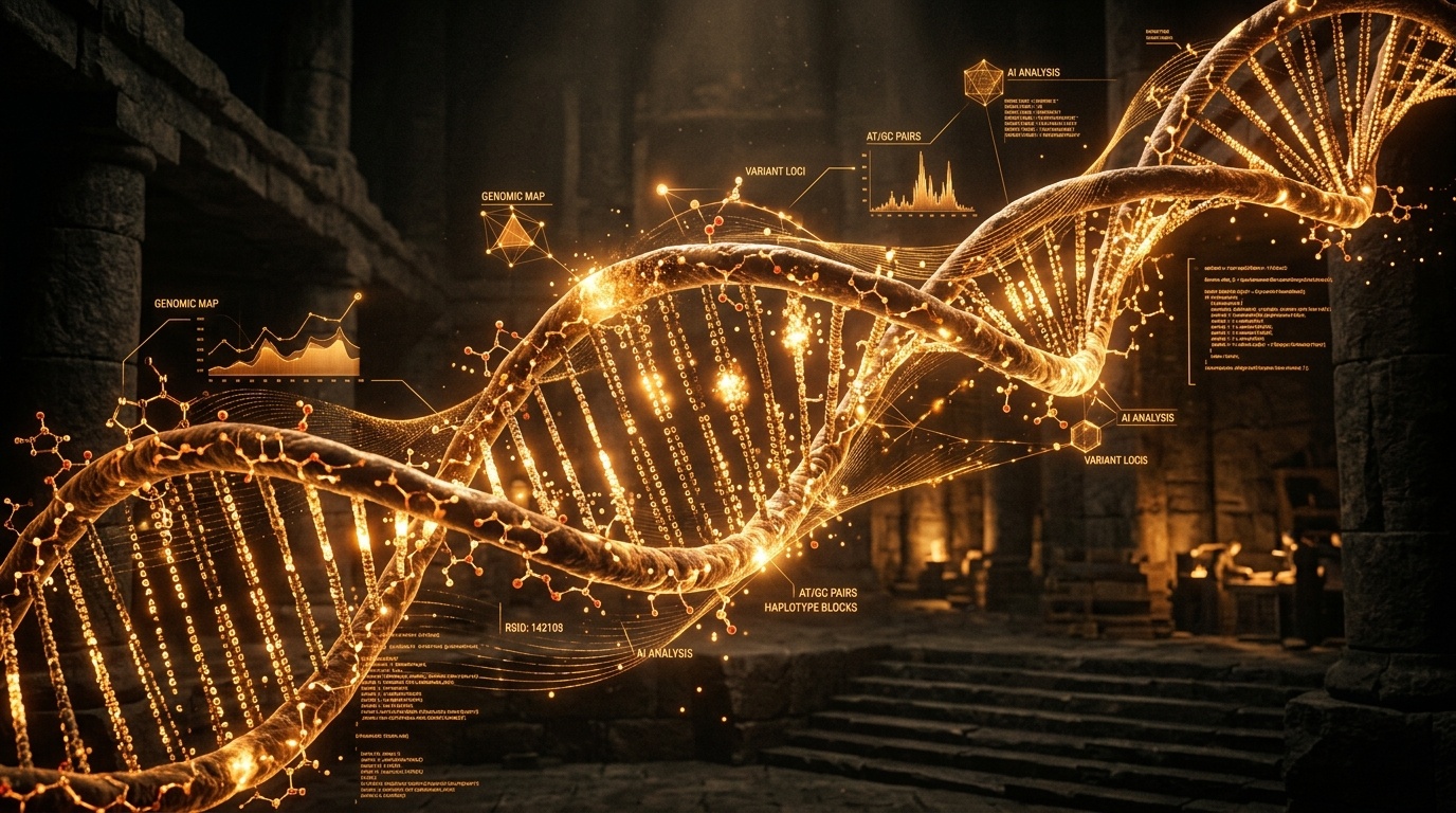 Double helix DNA structure glowing in warm golden amber and bronze luminescence showing AlphaGenome Atlas AI variant impact predictions