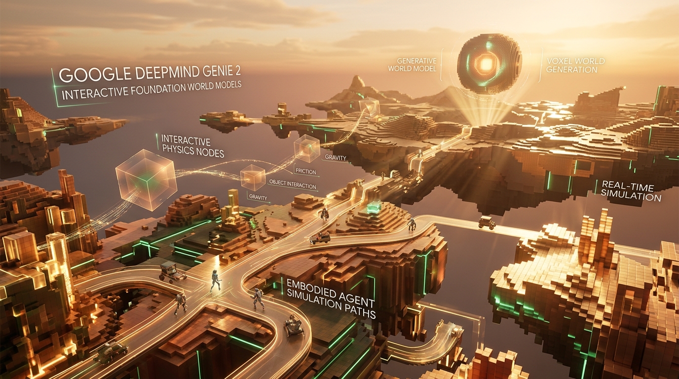 Google DeepMind Genie 2 interactive foundation world models rendering generative 3D virtual terrain in warm sunset amber and gold