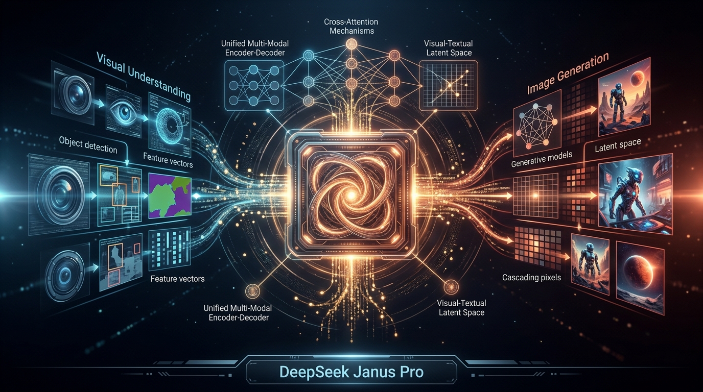 DeepSeek Janus-Pro multimodal neural architecture fusing visual perception and generative creativity in glowing warm amber and golden holographic rays