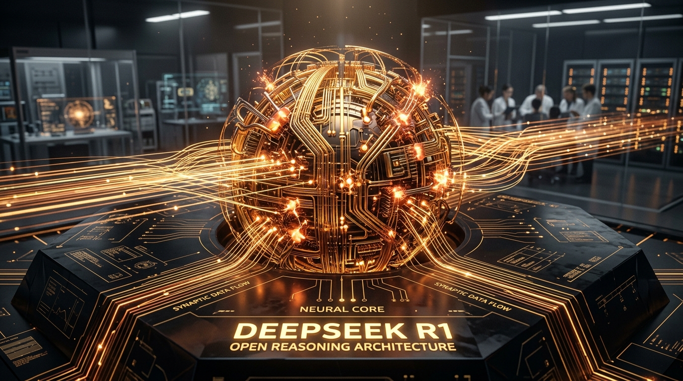 DeepSeek R1 neural reasoning core illuminated in glowing warm amber, golden circuitry, and copper synapse paths
