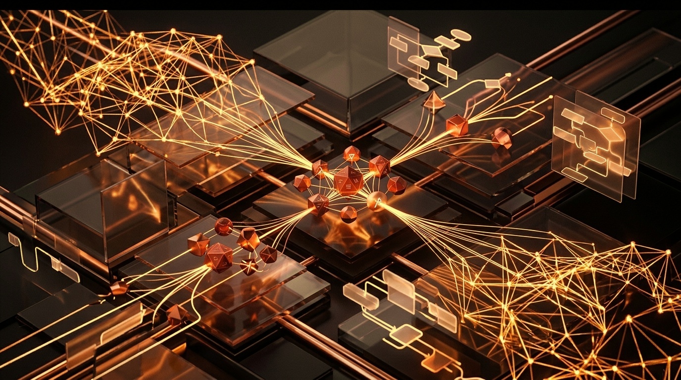 Cinematic abstract visualization of DeepSeek-R2 dual-phase reinforcement learning and dynamic test-time tree search lattice with glowing amber proof graphs and molten gold neural acceleration nodes