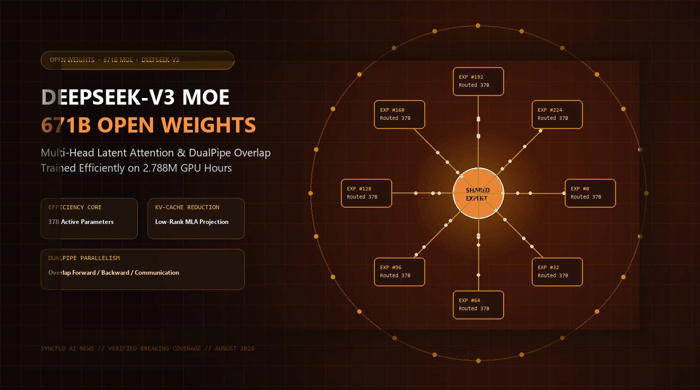 DeepSeek-V3 671B Mixture of Experts architecture and Multi-Head Latent Attention tensor diagram in warm amber and gold tones