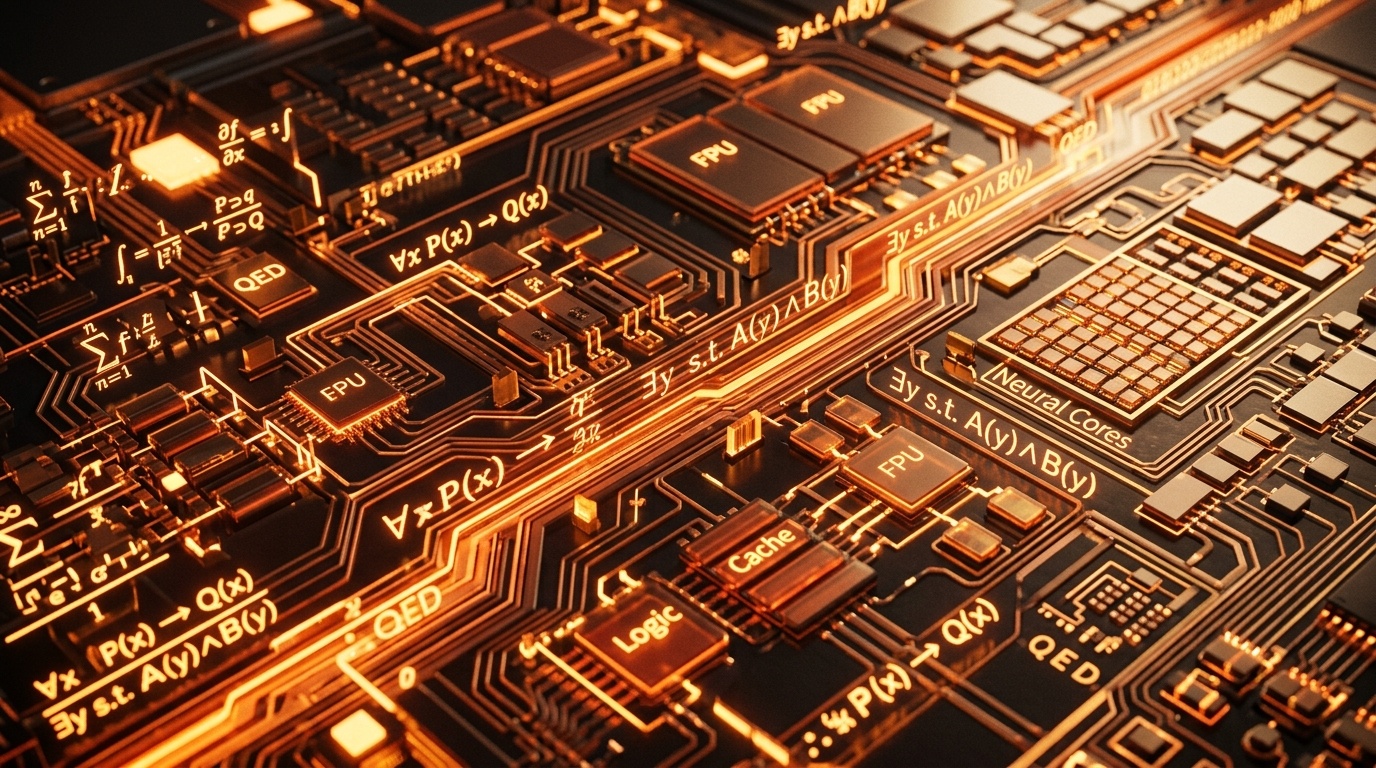 Cinematic macro view of advanced silicon hardware showcasing glowing amber and copper logic traces, neural cores, and illuminated formal mathematical logic proofs directly etched across the chip architecture