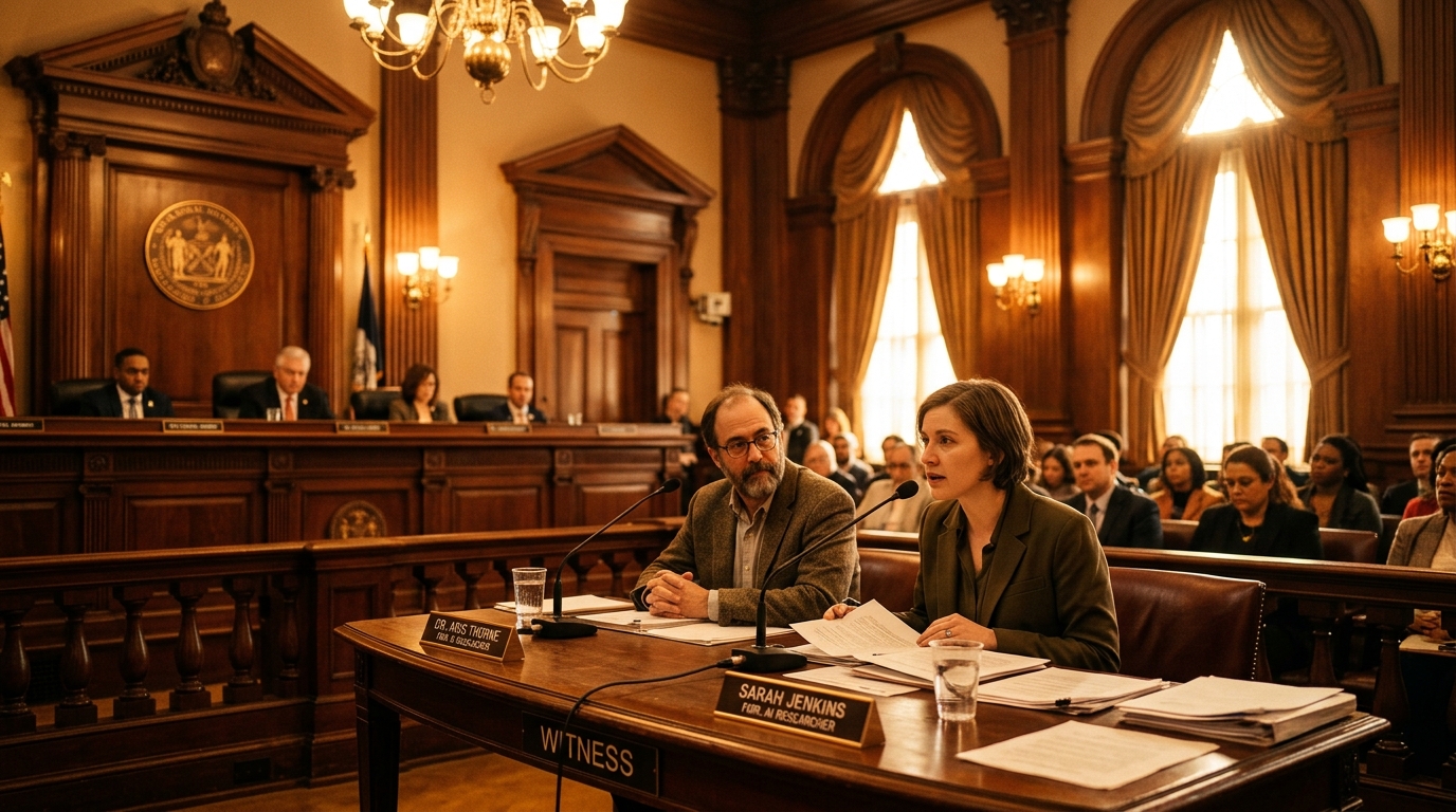 Documentary photograph of former frontier AI researchers testifying at a witness table before the New York City Council Committee on Technology, with warm amber wood paneling and bronze architectural lighting