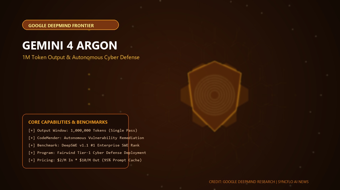 Google DeepMind Gemini 4 Argon cyber defense neural architecture featuring warm amber data streams, CodeMender automated code verification matrices, and million-token reasoning nodes