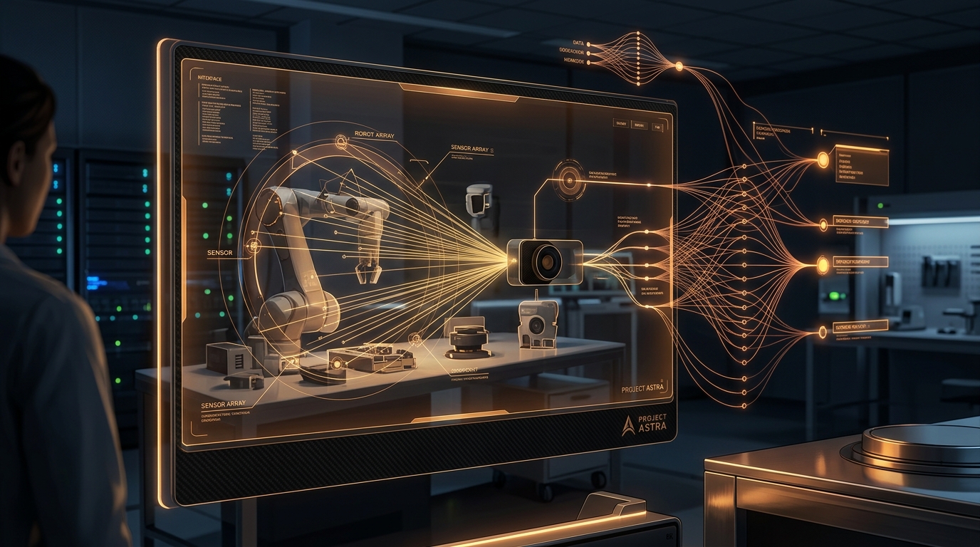 Project Astra real-time multimodal perception HUD visualizer with glowing warm amber and golden data overlays