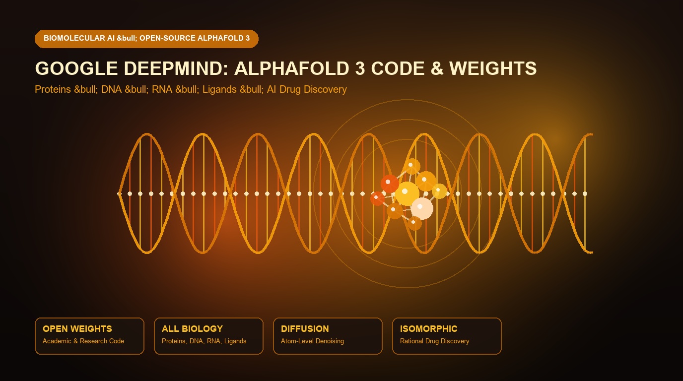 Complex 3D biomolecular protein-DNA-ligand interaction rendered with warm amber, copper, and golden atomic luminescence