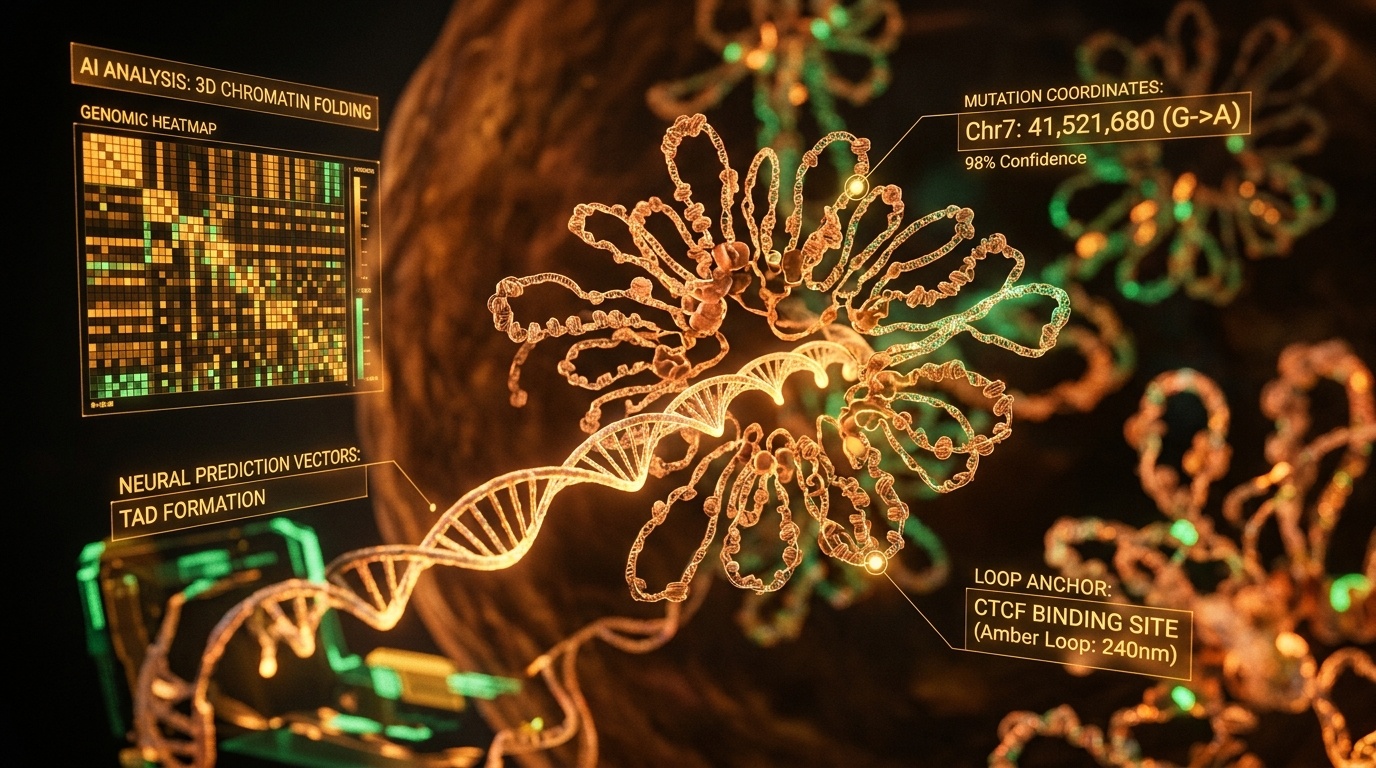 Cinematic scientific visualization of AlphaGenome Atlas analyzing human DNA double helix, glowing amber chromatin loops, base-pair prediction lattices, and warm copper genomic vector heatmaps