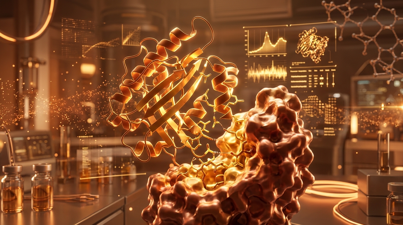 Google DeepMind AlphaProteo 3D scientific visualization of artificial intelligence designing novel protein binders with glowing warm amber and gold molecular ribbons