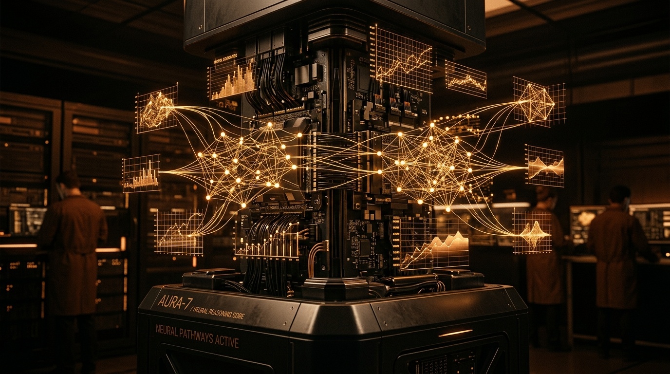 Futuristic AI supercomputing neural core representing Google DeepMind Gemini 4 Argon with glowing warm amber, molten gold, and deep bronze holographic reasoning graphs