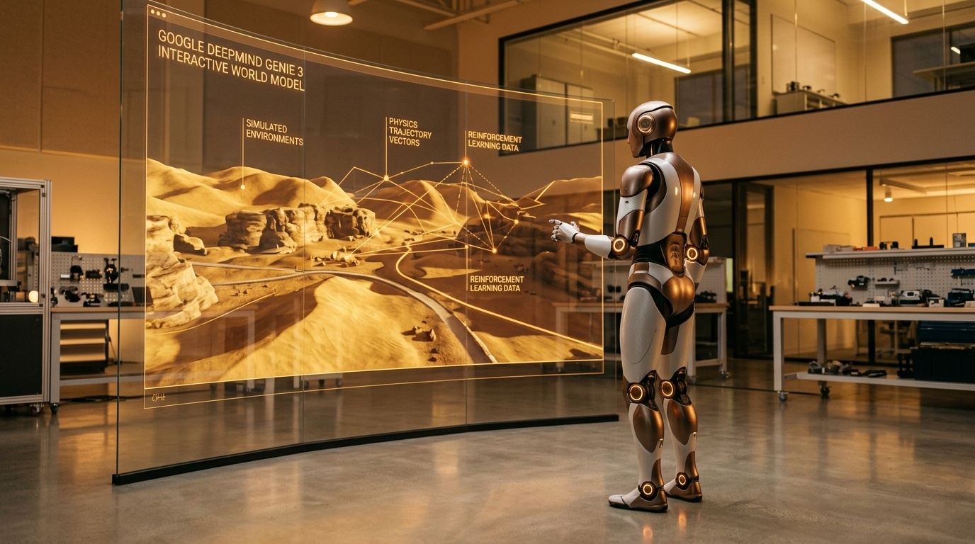 Futuristic robotics research laboratory with Google DeepMind Genie 3 interactive 3D simulated world displayed on a curved transparent glass screen supervised by an advanced humanoid robot in warm bronze and amber illumination