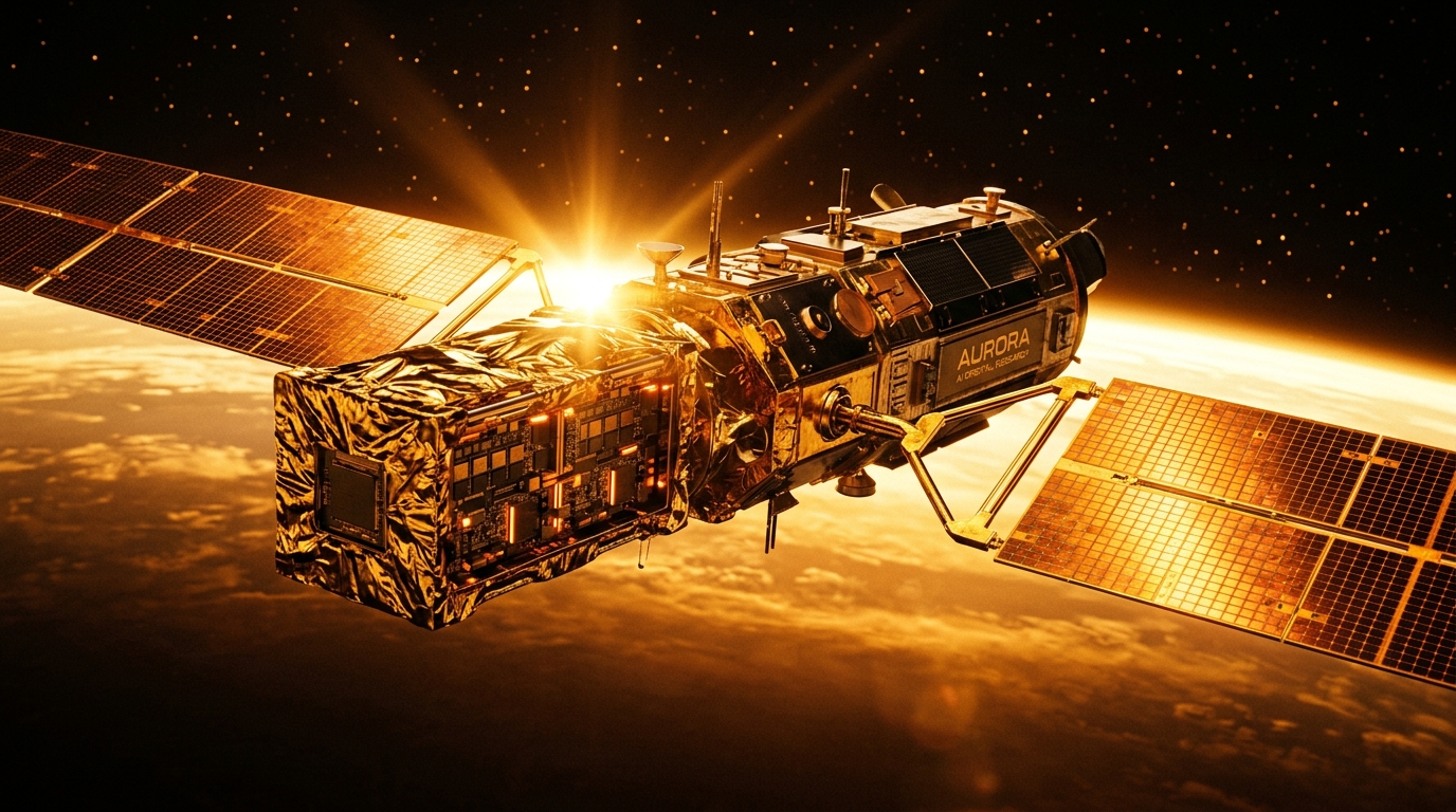 Cinematic visualization of Google's Project Suncatcher orbital research satellite in low Earth orbit with gold-foil wrapped processor chassis and glowing amber solar arrays