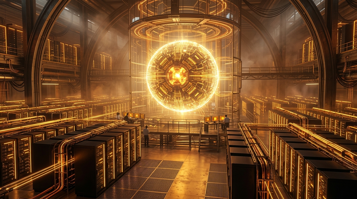 xAI Colossus supercomputer datacenter and Grok 3 neural reasoning core illuminated in glowing warm amber, golden circuitry, and copper busbars