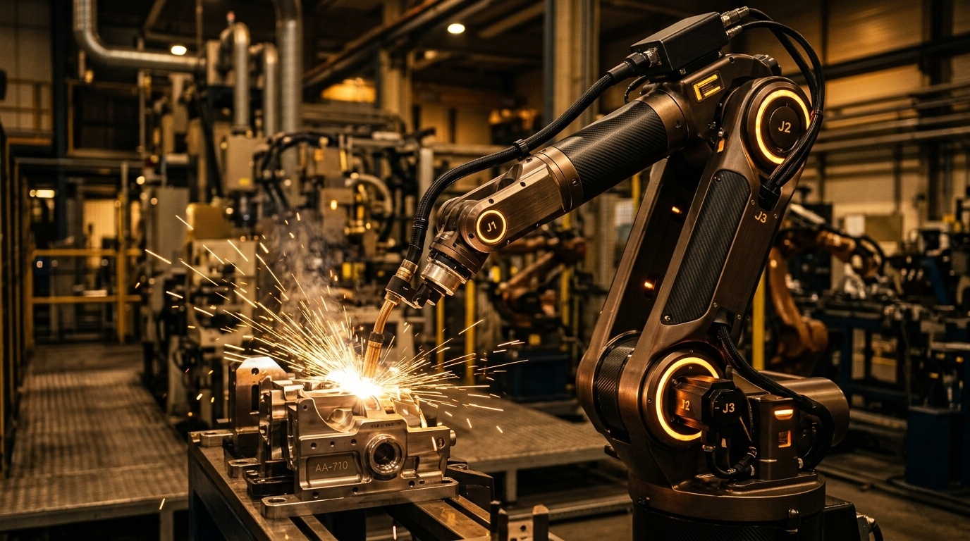 Cinematic industrial macro photography of a high-tech robotic automation arm working in an ultra-modern manufacturing facility, glowing warm amber status telemetry light rings and golden welding sparks
