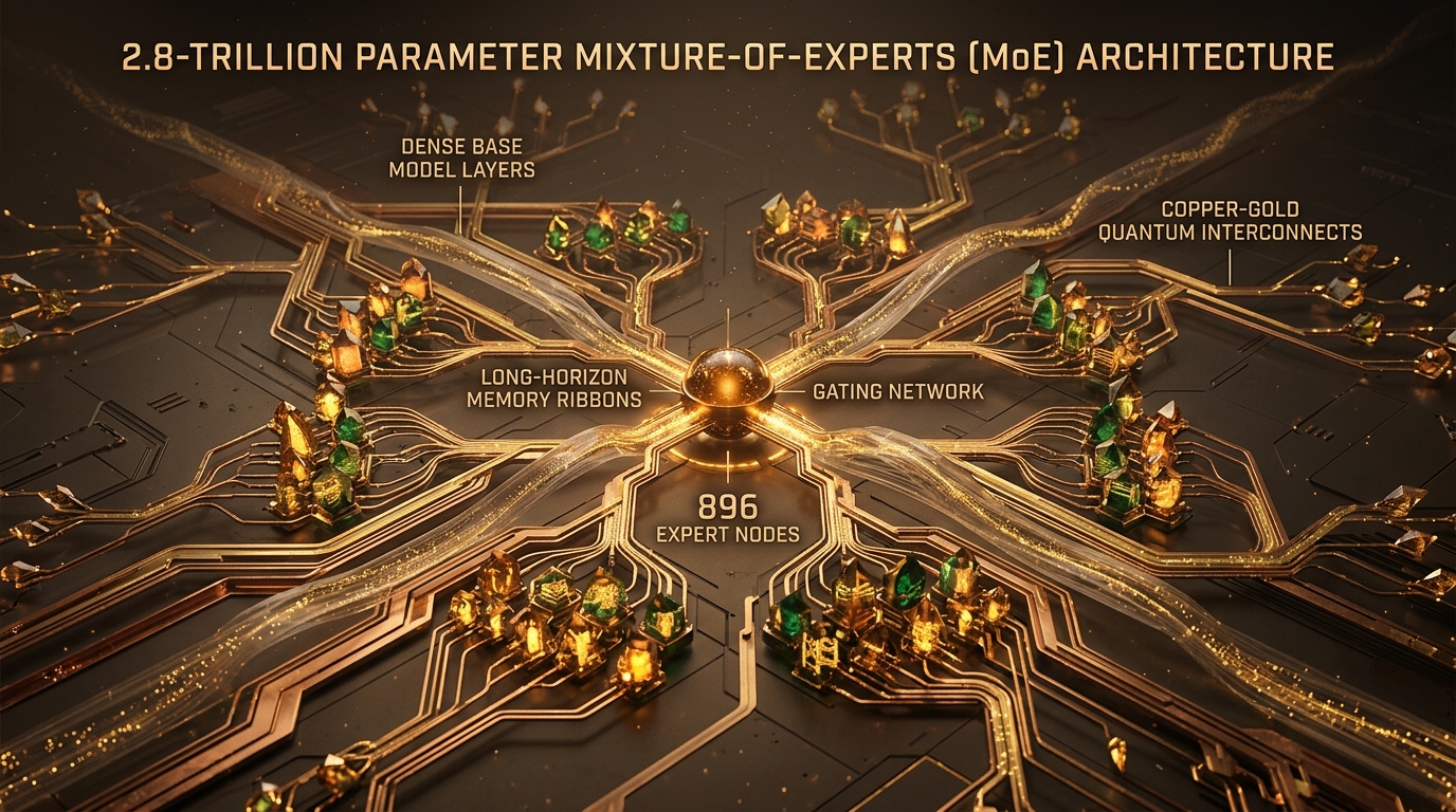 Moonshot AI Kimi K3 2.8-trillion parameter Mixture-of-Experts neural architecture branching into 896 glowing crystal nodes in warm amber and emerald gold