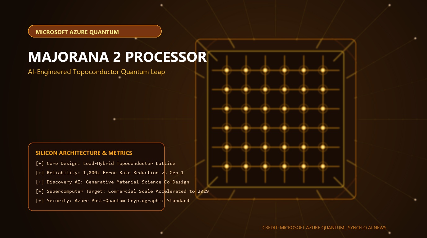 Microscopic visualization of Microsoft Majorana 2 topological quantum computing processor die showcasing gold interconnects, lead-hybrid topoconductors, and warm amber photon routing