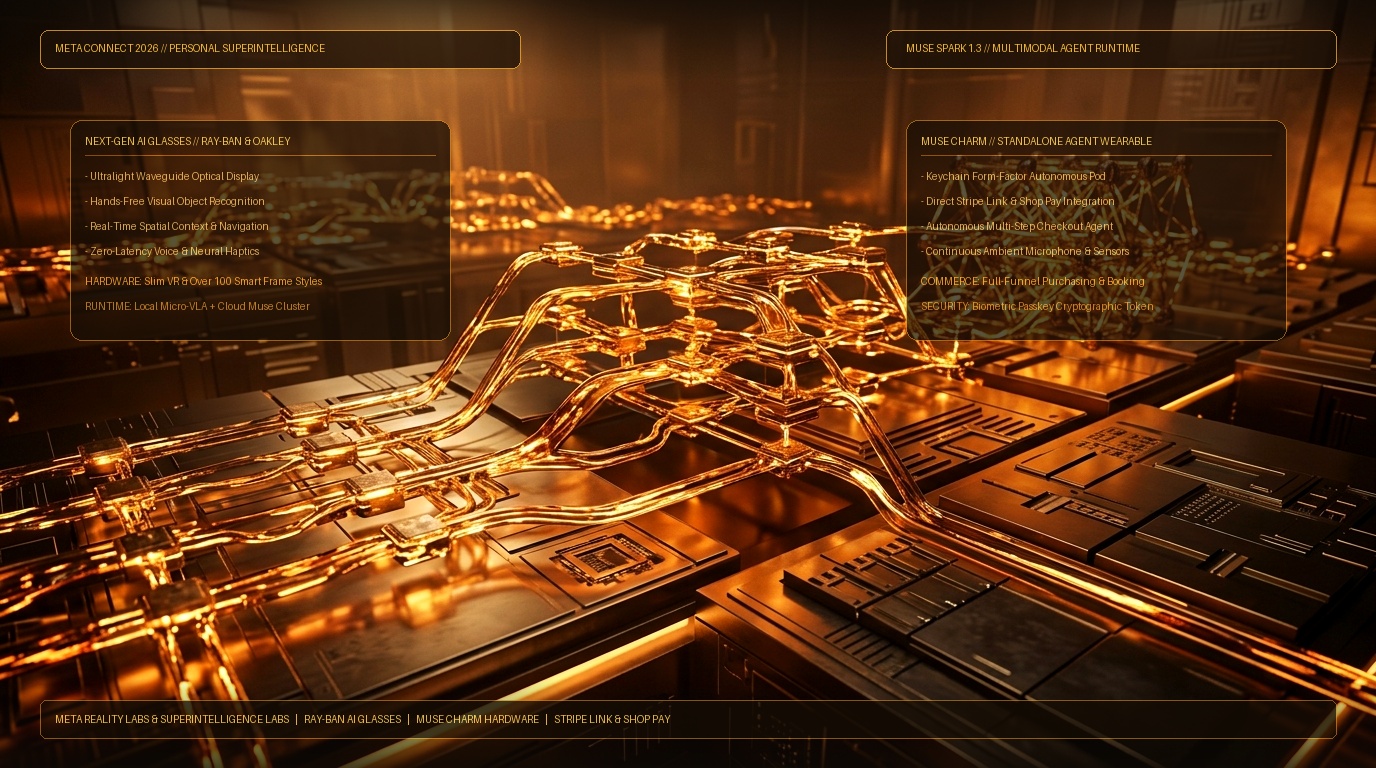 Holographic visualization of Meta Connect 2026 Muse AI glasses and Muse Charm hardware illuminated in warm amber and molten gold tones
