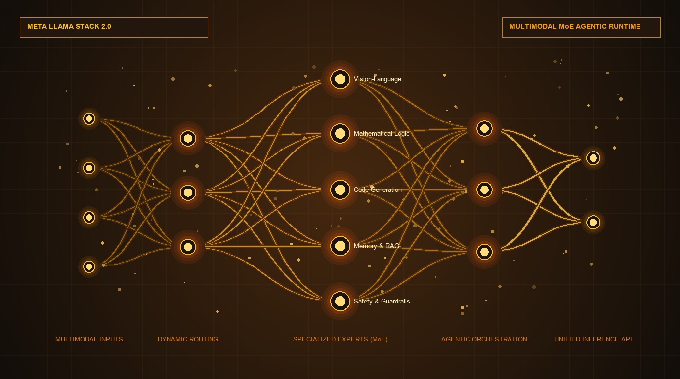 Meta Llama Stack 2.0 architectural infographic showing Mixture-of-Experts neural routing network with glowing warm amber, gold, bronze, and terracotta nodes