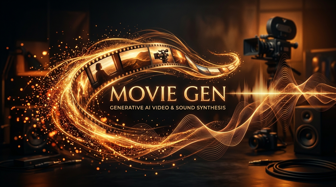Meta Movie Gen generative film strip and glowing amber acoustic soundwaves visualization