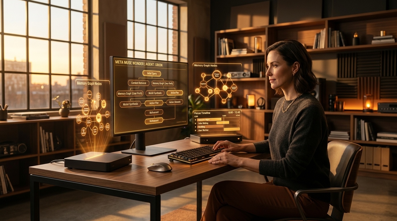 Cinematic modern workstation illustrating Meta Muse Wonder agent system with warm amber holographic displays showing active memory graph nodes, focus timelines, and autonomous task trees
