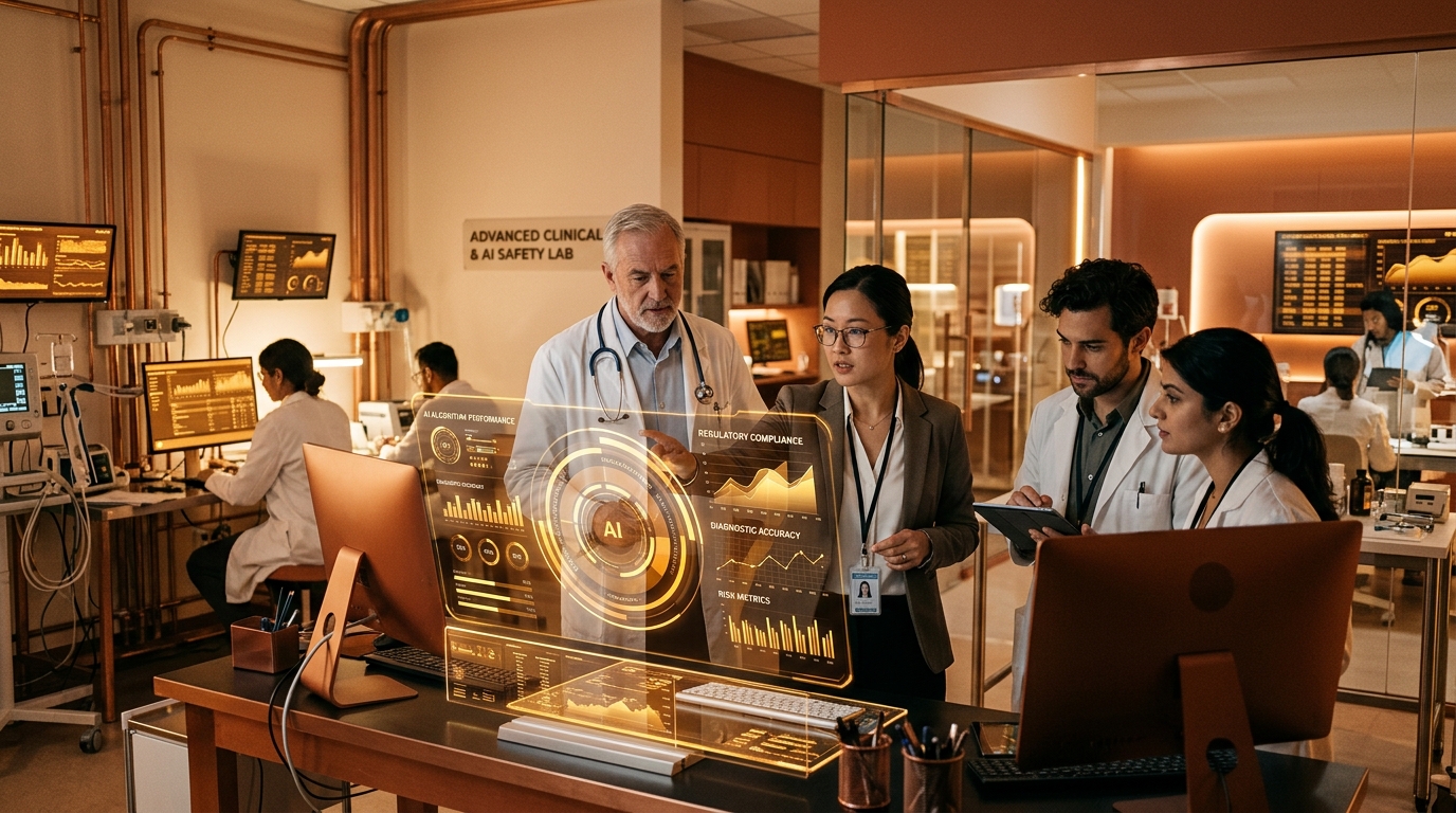 Documentary photograph of an advanced clinical evaluation center where medical doctors and AI safety researchers examine diagnostic algorithms on warm amber holographic monitors