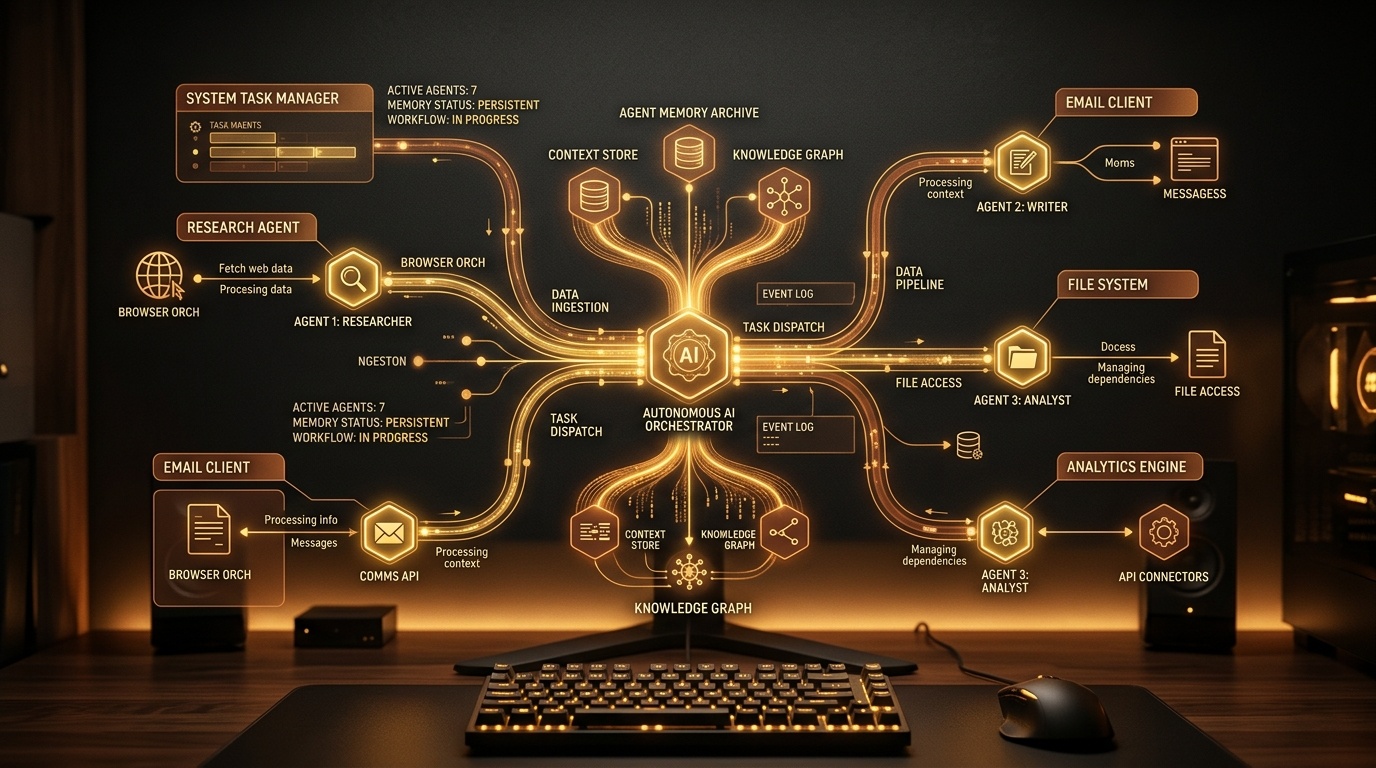 Holographic visualization of Microsoft Copilot Autopilot persistent agent orchestration and multi-application workflows in warm golden amber and bronze illumination