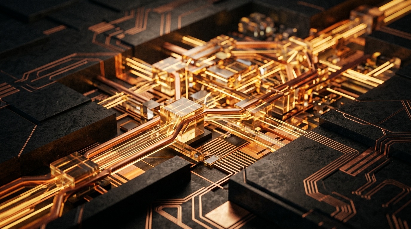 Futuristic high-speed algorithmic decision lattice with glowing warm amber and burnished gold optical bus lines routing agent requests