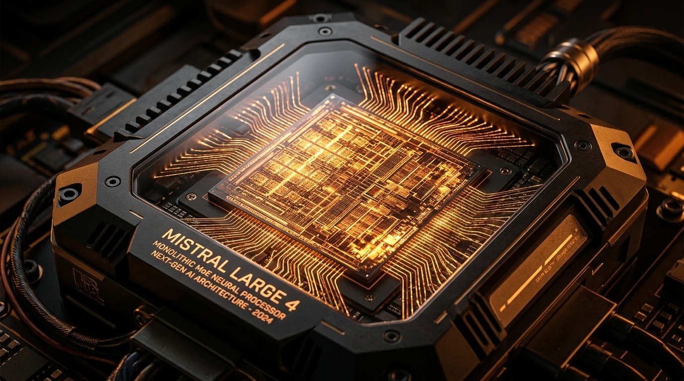 Monolithic next-generation AI neural processor chip architecture representing Mistral Large 4, intricate multicore MoE silicon pathways glowing with warm amber and molten gold illumination