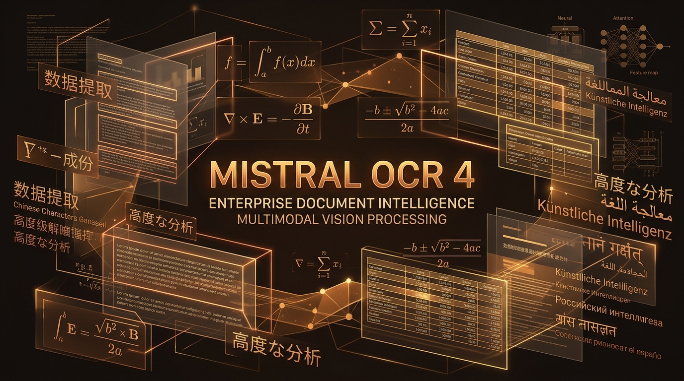 Mistral OCR 4 enterprise document intelligence and multimodal vision processing lattice in warm amber and gold
