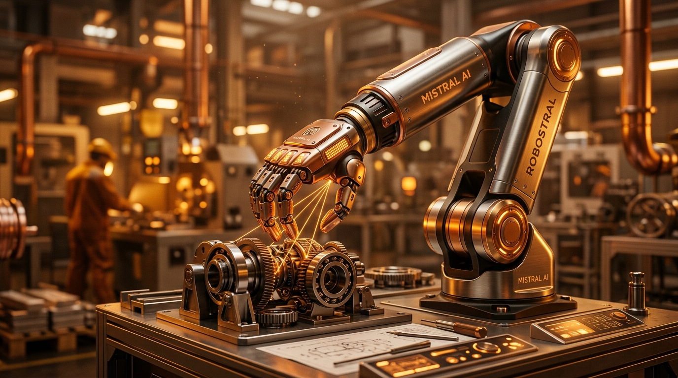 Cinematic photograph of a cutting-edge autonomous robotic arm in a modern European industrial manufacturing facility representing Mistral AI Robostral, with warm copper joints, amber optical guidance sensors, and golden factory lighting