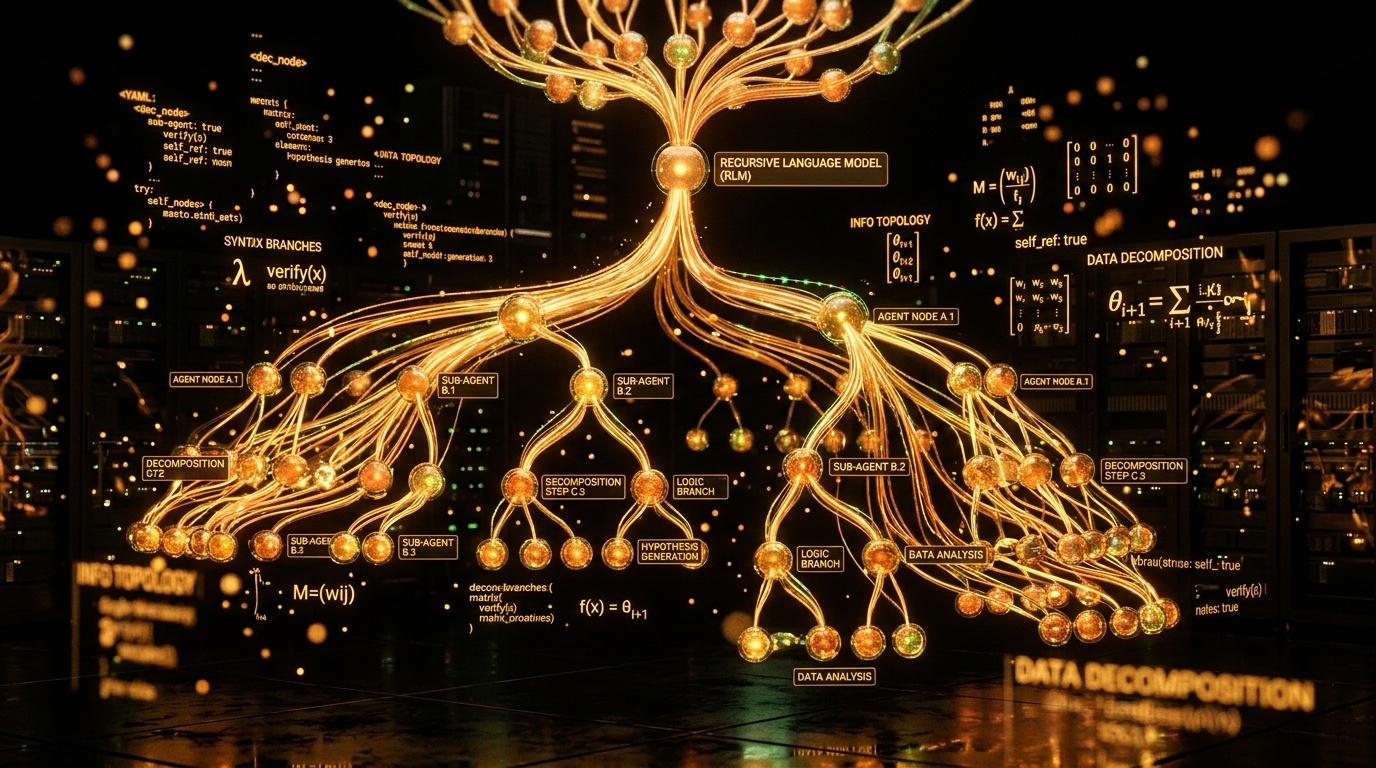 Cinematic visualization of Recursive Language Models showing hierarchical agent trees, glowing amber neural branches, token decomposition lattices, and warm bronze context nodes