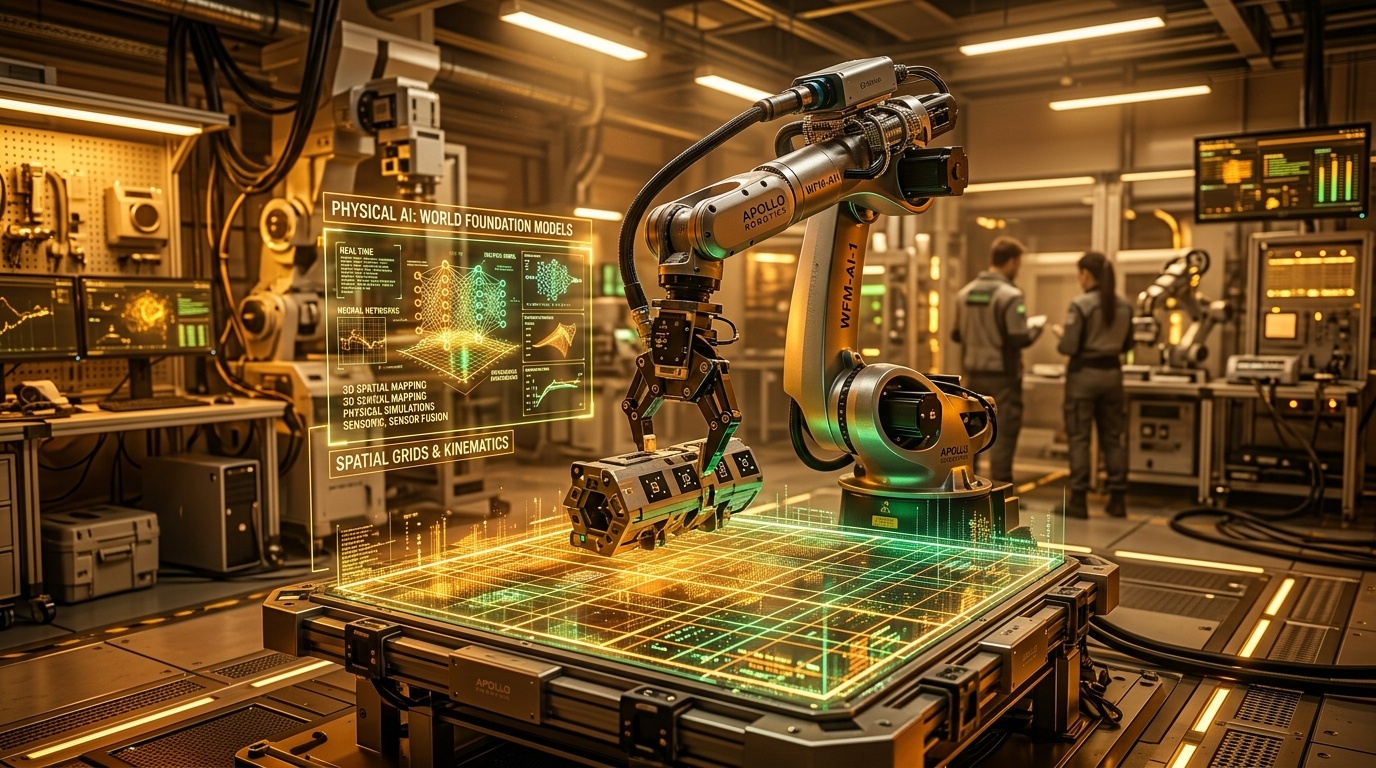 Futuristic conceptual visualization of NVIDIA Cosmos physical AI robotics world models and spatial simulation grid in warm amber and emerald tones