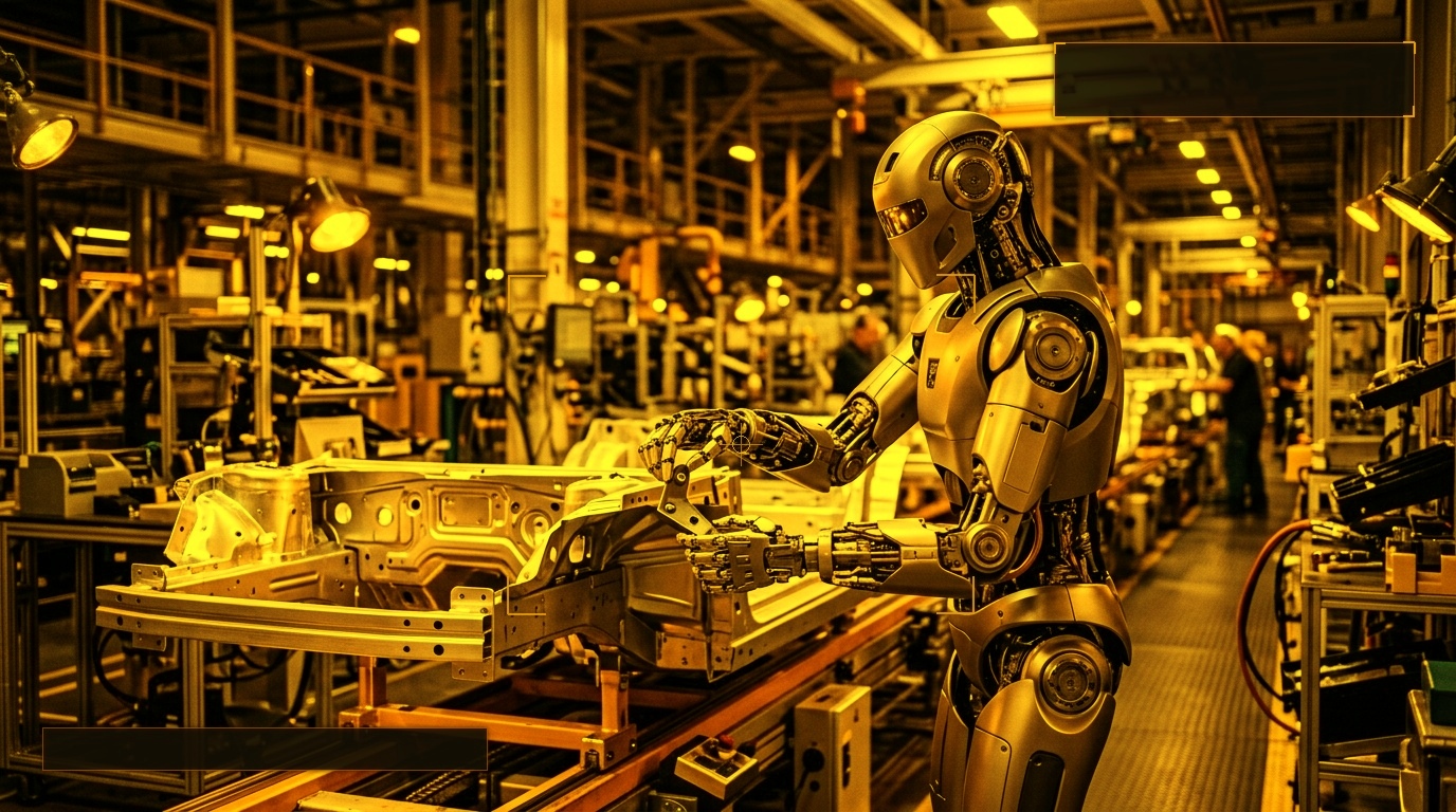 Cinematic physical AI visual of Figure 03 humanoid robot executing precision bimanual automotive assembly with glowing amber status rings, copper joint linkages, and warm industrial factory lighting