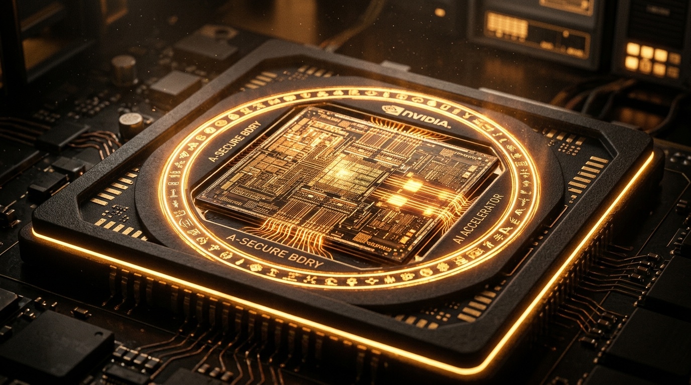 Cinematic macro visualization of an NVIDIA AI accelerator silicon die featuring glowing warm amber and golden cryptographic hardware isolation perimeter rings