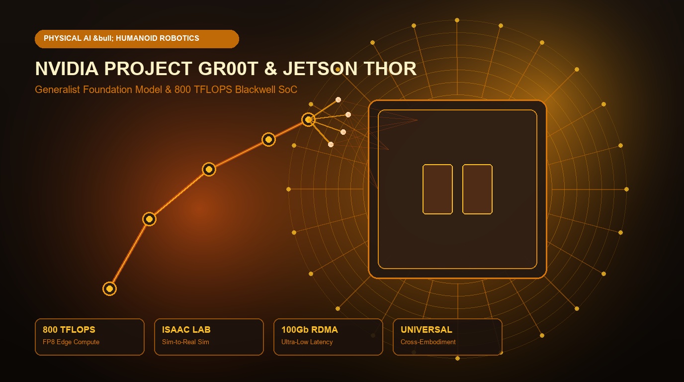 Advanced humanoid robot and NVIDIA Jetson Thor Blackwell robotics module illuminated by warm golden amber and bronze spotlights