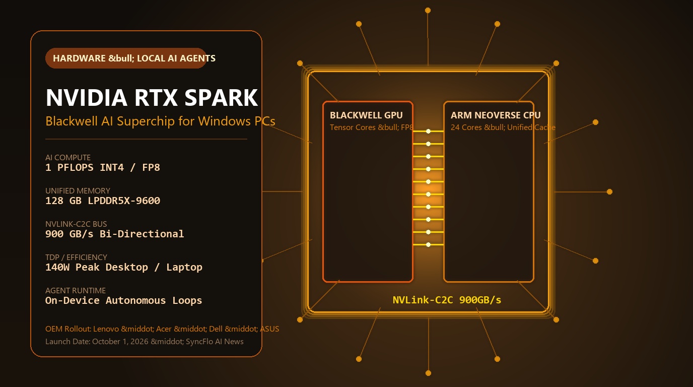 NVIDIA RTX Spark AI Superchip architecture in next-generation Windows workstation featuring Blackwell GPU, Arm CPU, NVLink-C2C, and 128GB unified memory